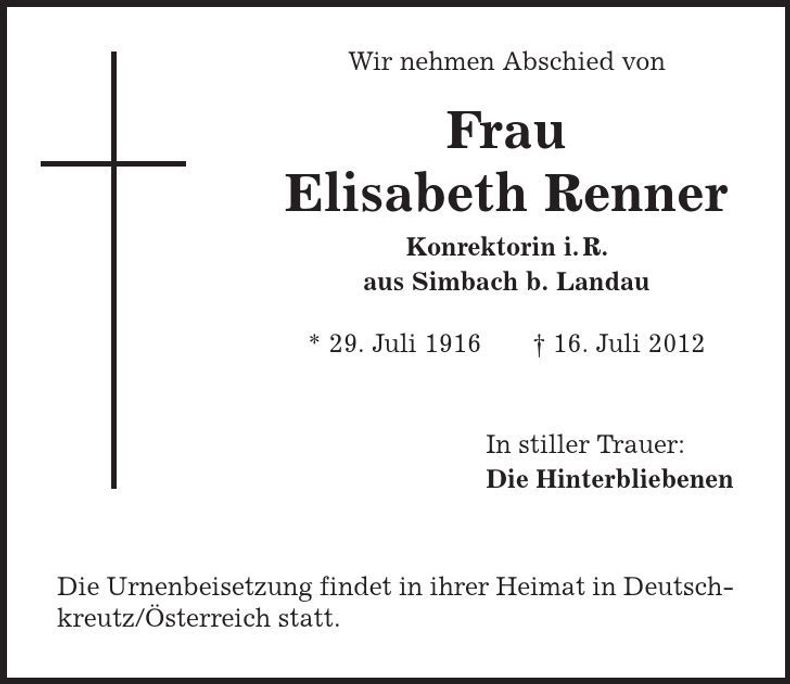 Traueranzeige Elisabeth Renner