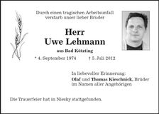 Traueranzeige Uwe Lehmann