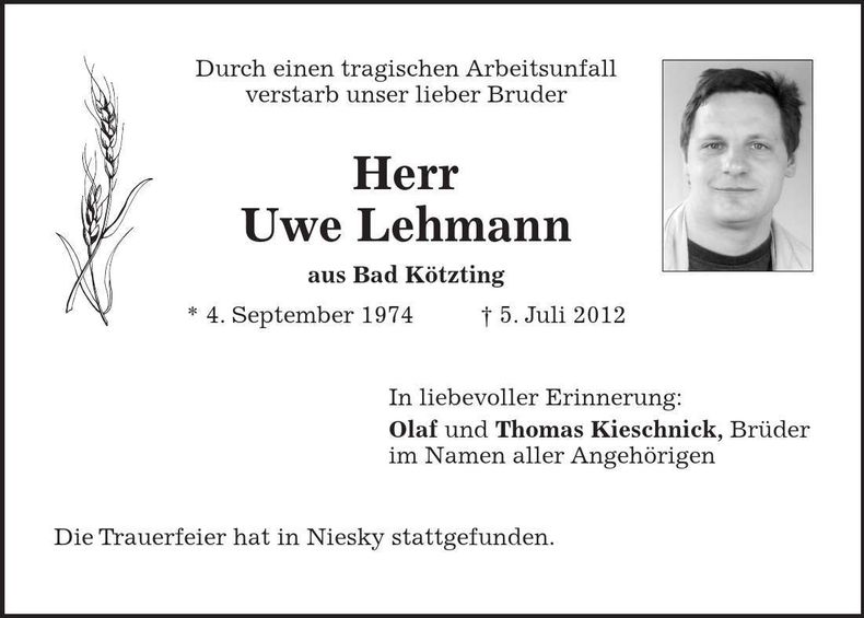 Traueranzeige Uwe Lehmann