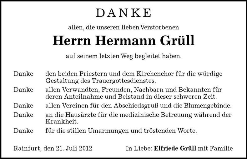 Traueranzeige Hermann Grüll