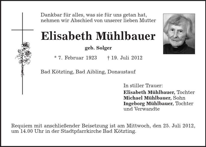 Traueranzeige Elisabeth Mühlbauer