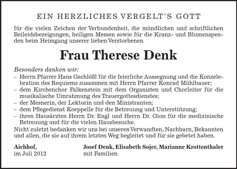 Traueranzeige Therese Denk