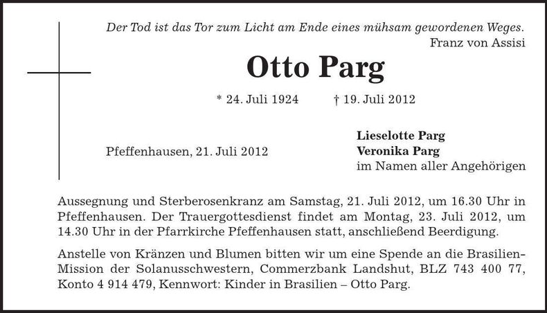 Traueranzeige Otto Parg