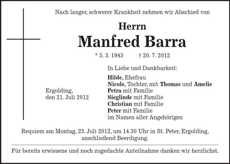 Traueranzeige Manfred Barra
