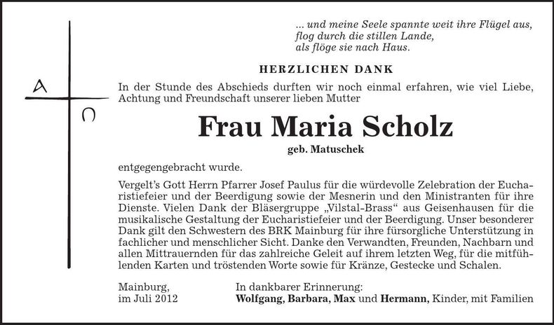 Traueranzeige Maria Scholz