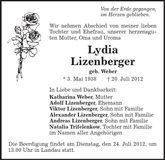 Traueranzeige Lydia Lizenberger
