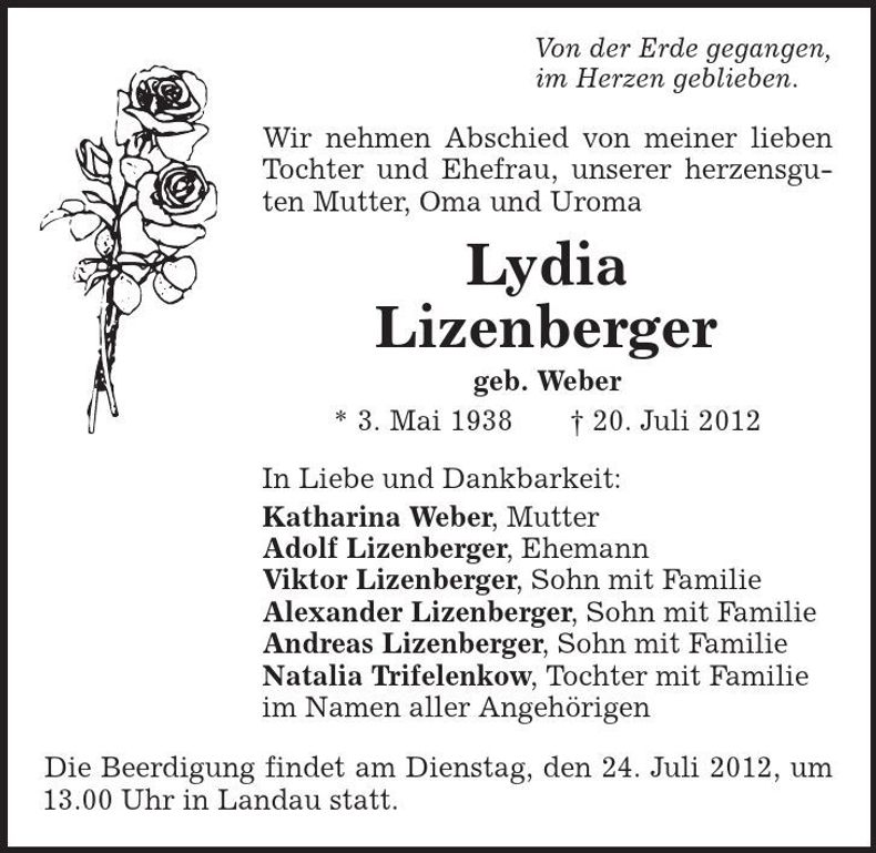 Traueranzeige Lydia Lizenberger