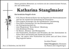 Traueranzeige Katharina Stanglmaier