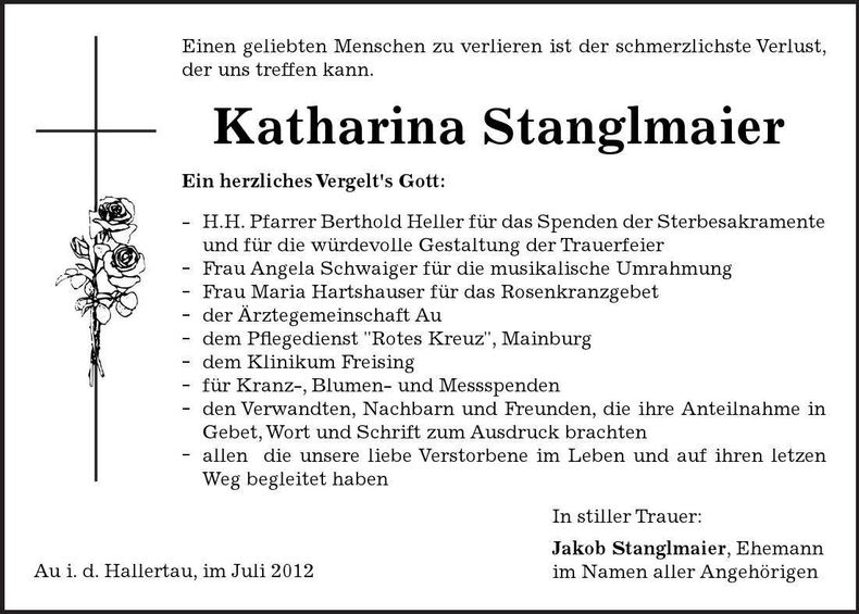 Traueranzeige Katharina Stanglmaier