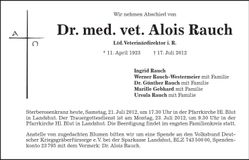 Traueranzeige Alois Rauch