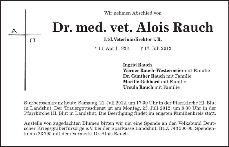 Traueranzeige Alois Rauch