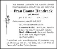 Traueranzeige Emma Handrack