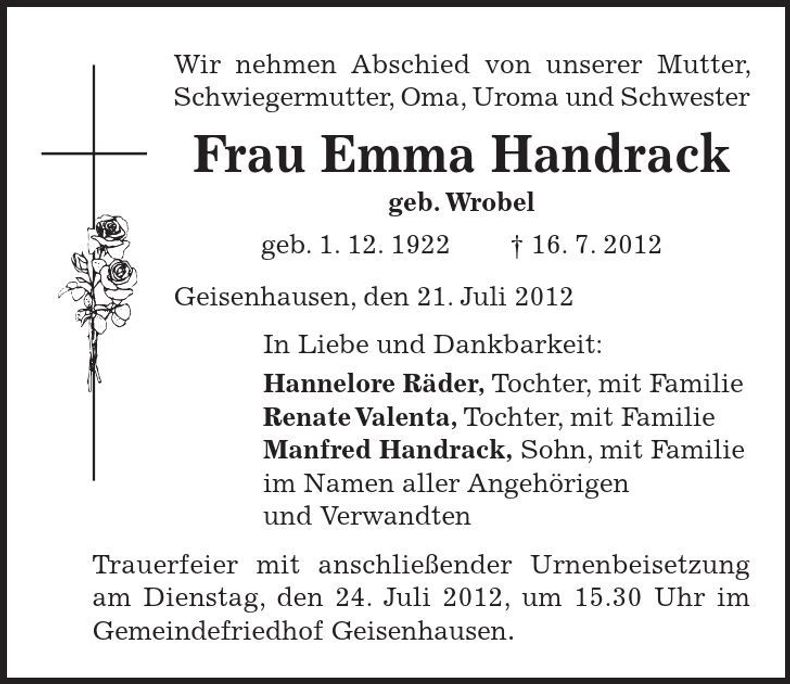 Traueranzeige Emma Handrack