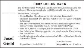 Traueranzeige Josef Giebl