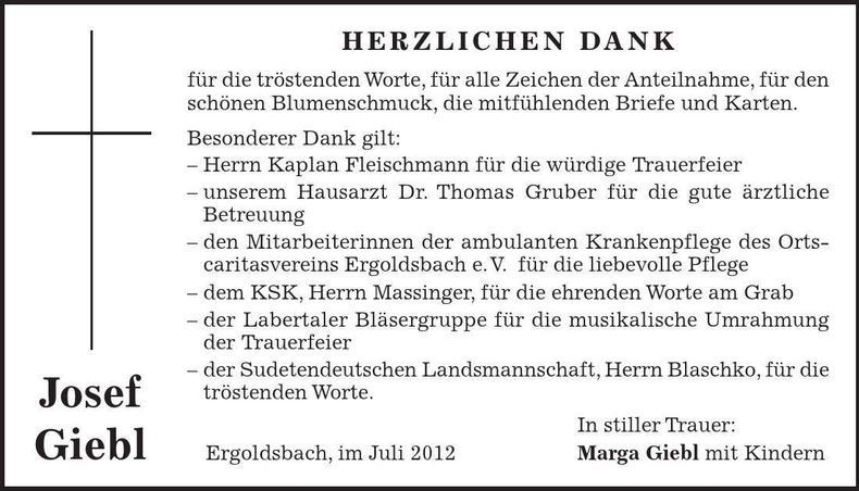 Traueranzeige Josef Giebl