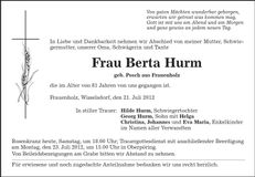 Traueranzeige Berta Hurm