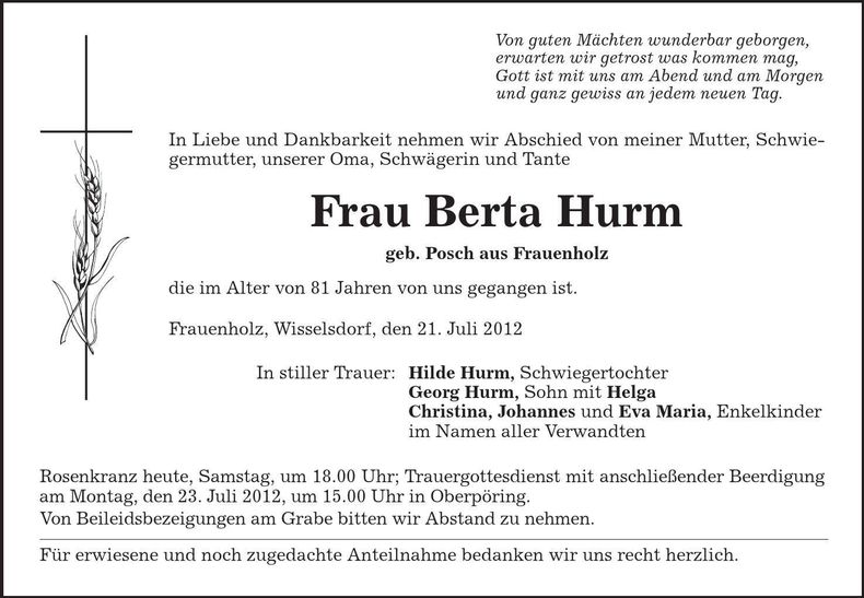 Traueranzeige Berta Hurm