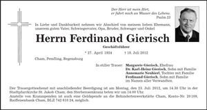 Traueranzeige Ferdinand Gierisch