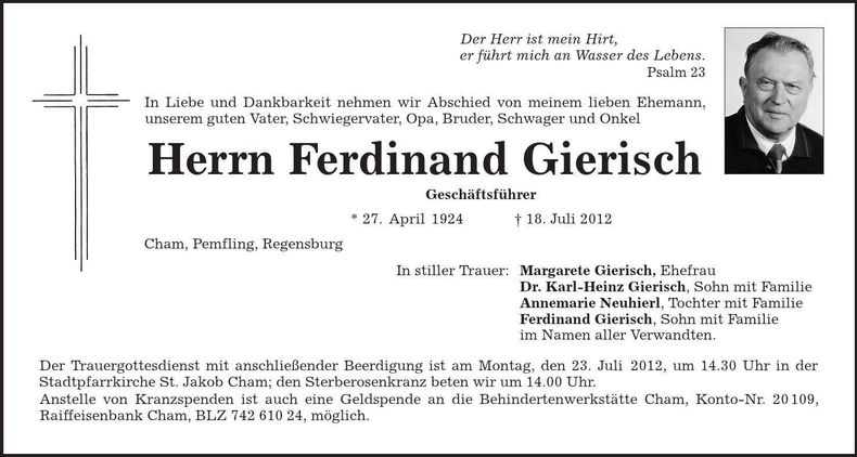 Traueranzeige Ferdinand Gierisch