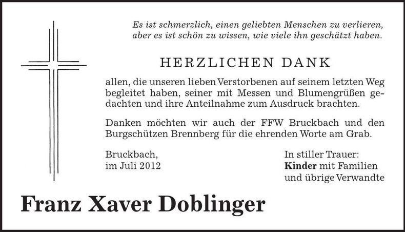 Traueranzeige Franz Xaver Doblinger