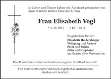 Traueranzeige Elisabeth Vogl
