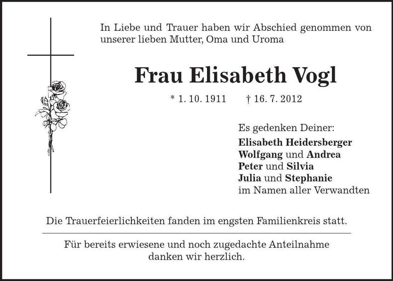Traueranzeige Elisabeth Vogl