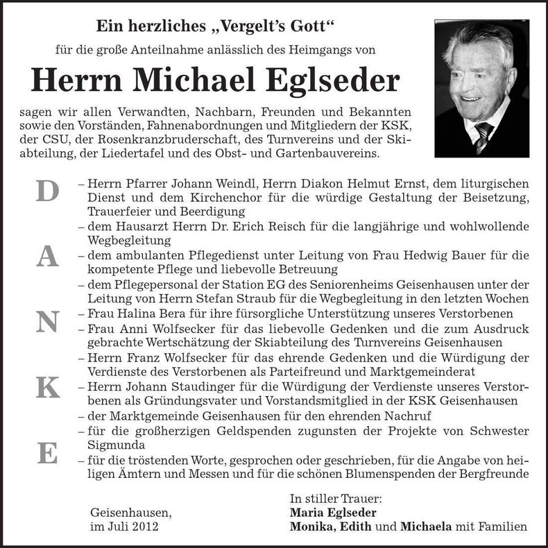Traueranzeige Michael Eglseder