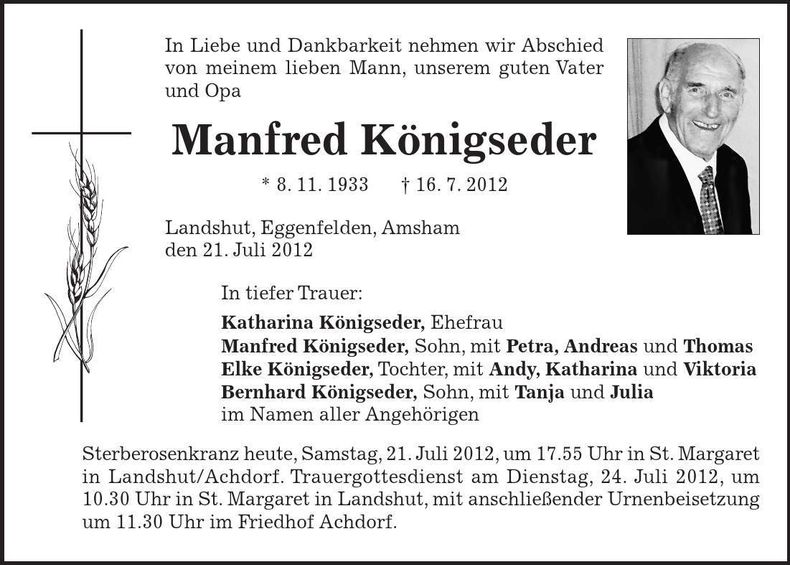 Traueranzeige Manfred Königseder