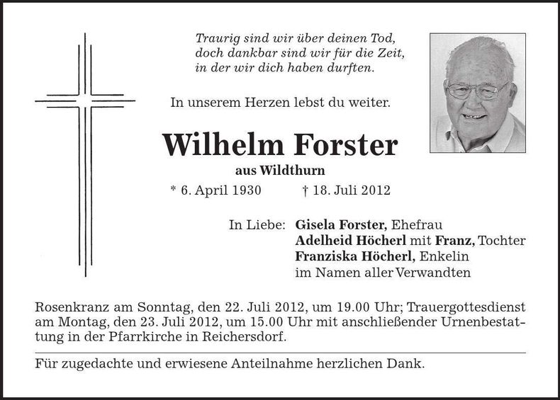 Traueranzeige Wilhelm Forster