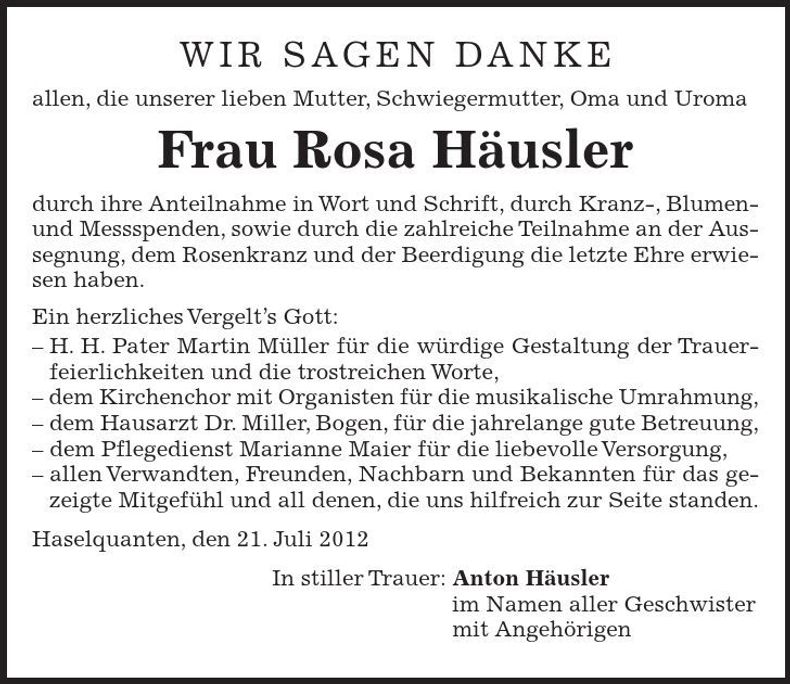 Traueranzeige Rosa Häusler