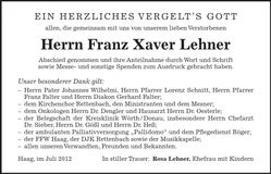 Traueranzeige Franz Xaver Lehner