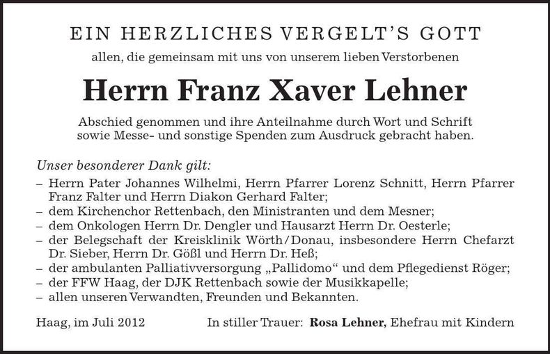 Traueranzeige Franz Xaver Lehner