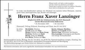 Traueranzeige Franz Xaver Lanzinger
