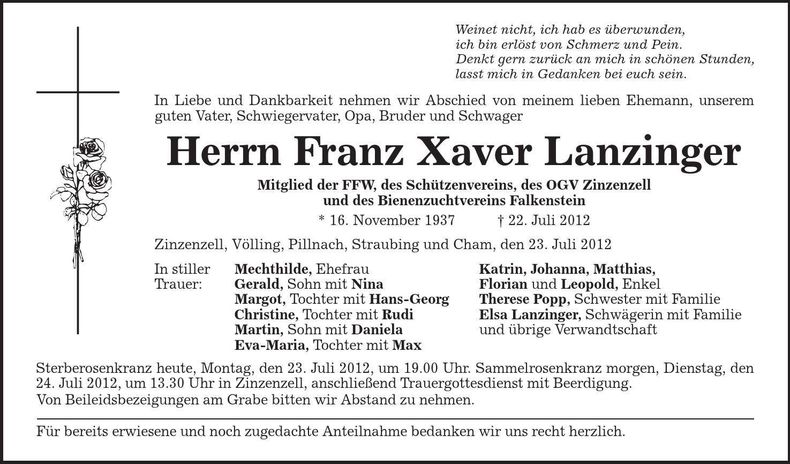 Traueranzeige Franz Xaver Lanzinger