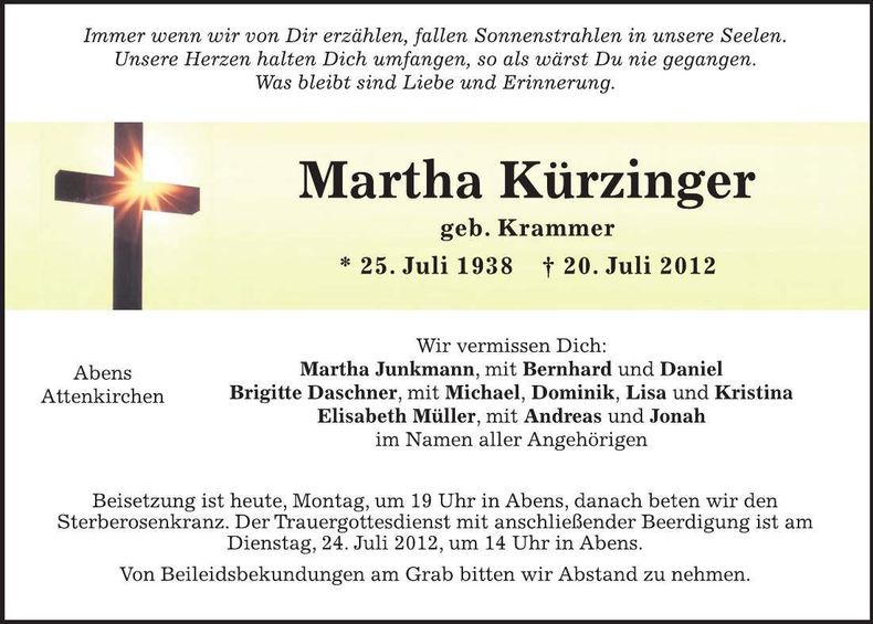 Traueranzeige Martha Kürzinger