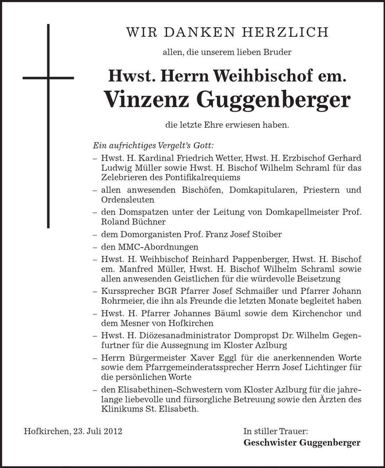 Traueranzeige Vinzenz Guggenberger