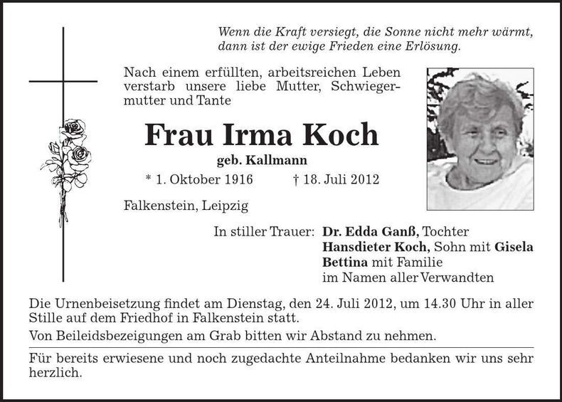 Traueranzeige Irma Koch