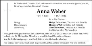 Traueranzeige Anna Weber