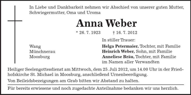 Traueranzeige Anna Weber