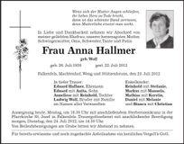 Traueranzeige Anna Hallmer