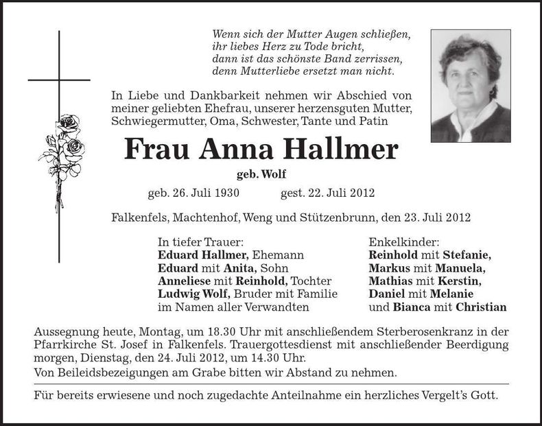 Traueranzeige Anna Hallmer