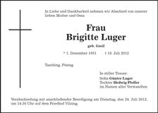 Traueranzeige Brigitte Luger