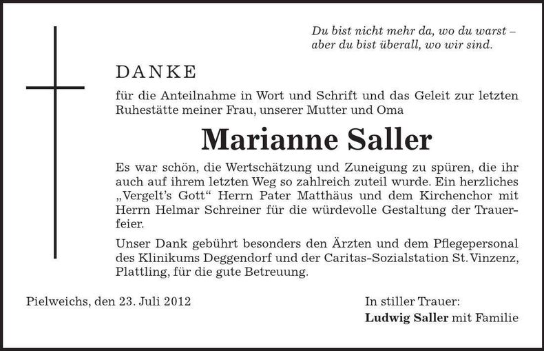 Traueranzeige Marianne Saller