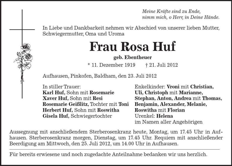 Traueranzeige Rosa Huf