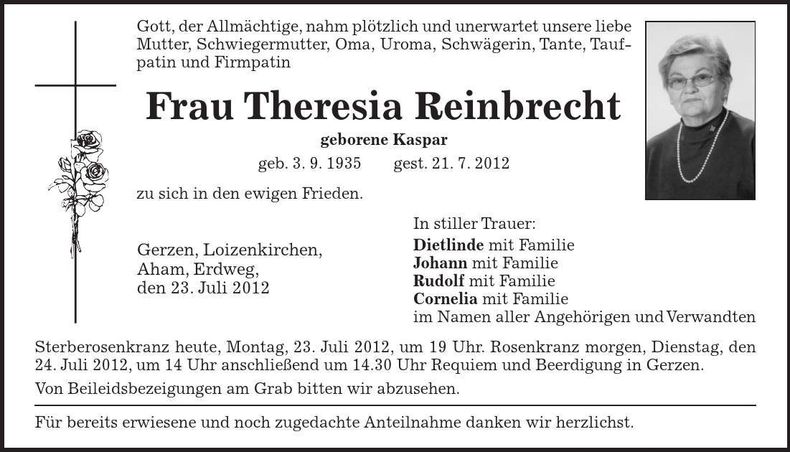 Traueranzeige  Reinbrecht