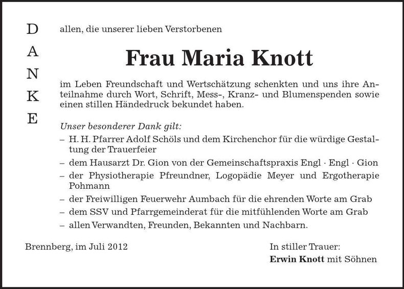 Traueranzeige Maria Knott