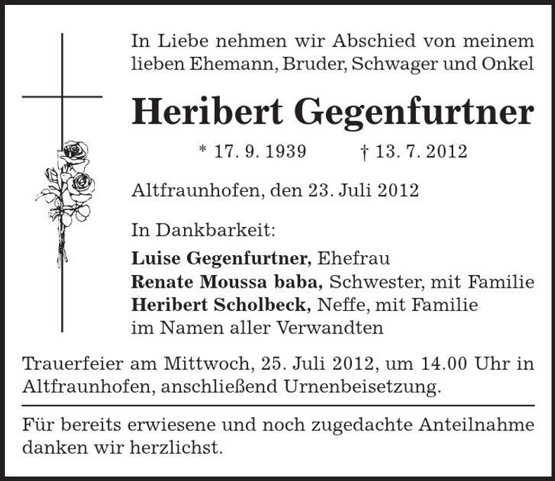 Traueranzeige Heribert Gegenfurtner