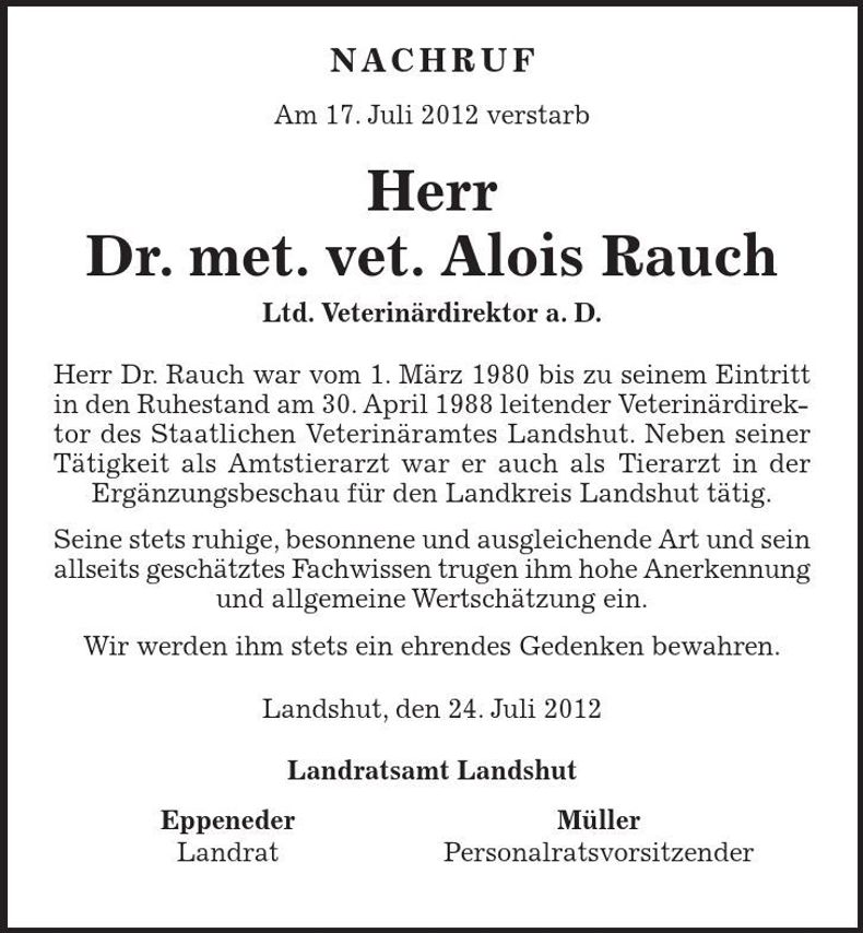 Traueranzeige Alois Rauch