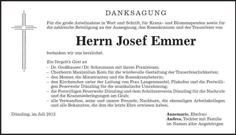 Traueranzeige Josef Emmer