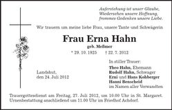 Traueranzeige Erna Hahn